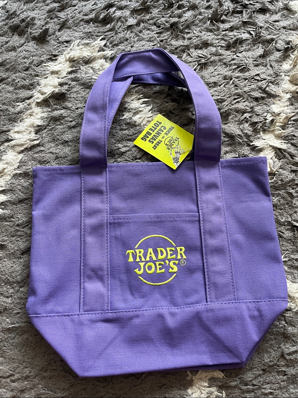 Trader Joe’s Trick or Treat Canvas tote bag. Mini tote. Lime green. Purple. New.